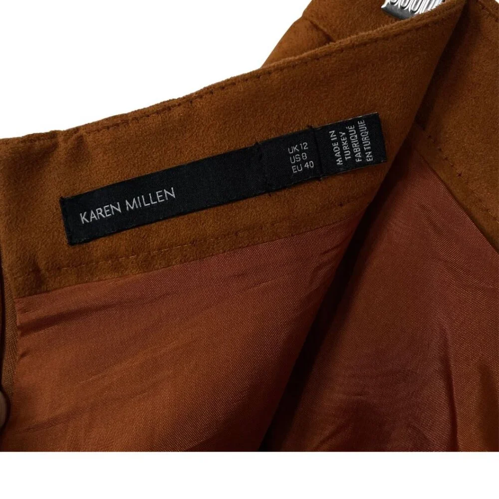 Karen Millen Brown Vegan Faux Suede Button Front Western A-Line Skirt Size 8